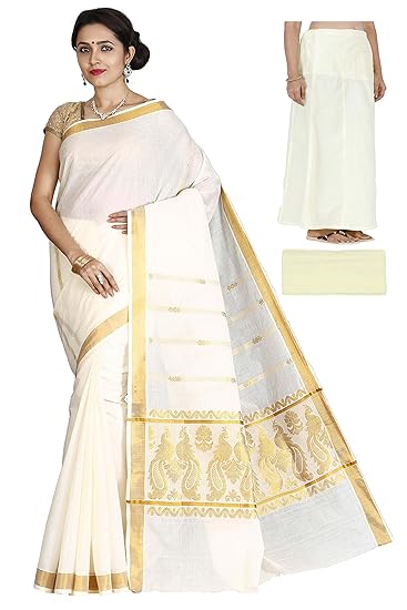 fancy peacock pallu kerala cotton saree with petticoat and Falls combo