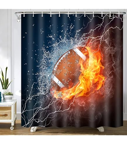 Basketball-Fußball Duschvorhang – Sport-Design Mit Roten Flammen, Wasserdicht, 183 X 213 Cm