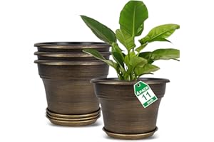 FODETYFF Plant Planters Pots Set of 4 Pack 11 Inch, Plastic Flower Pot for Indoor Plants with Drainage Holes & Trays, Resin Decorative Container Sets with Saucer for House Outdoor Garden Planters Dark Gold