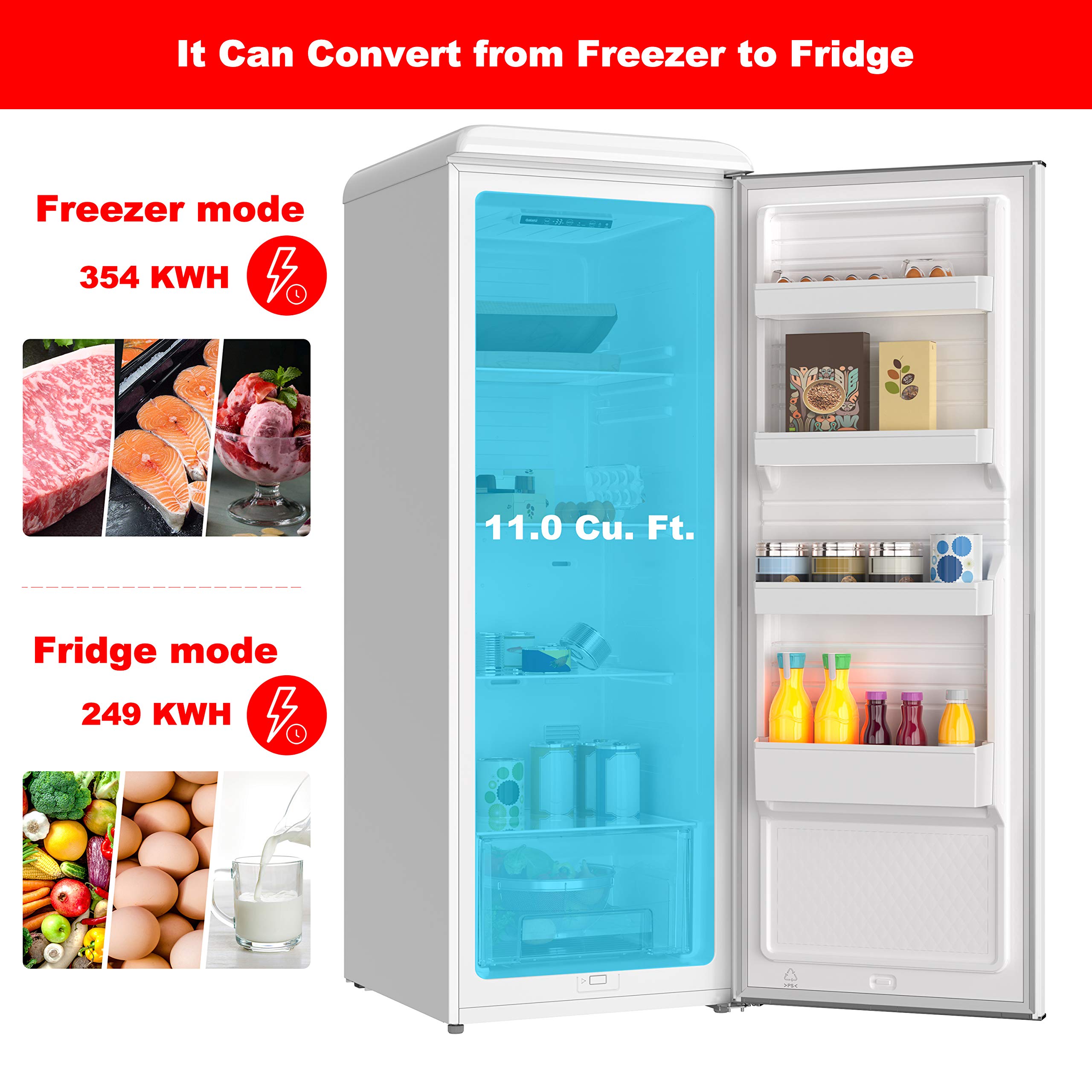 Galanz GLF11UWEG16 Convertible Freezer/Fridge, Electronic Temperature Control, 11 Cu.Ft, Retro White