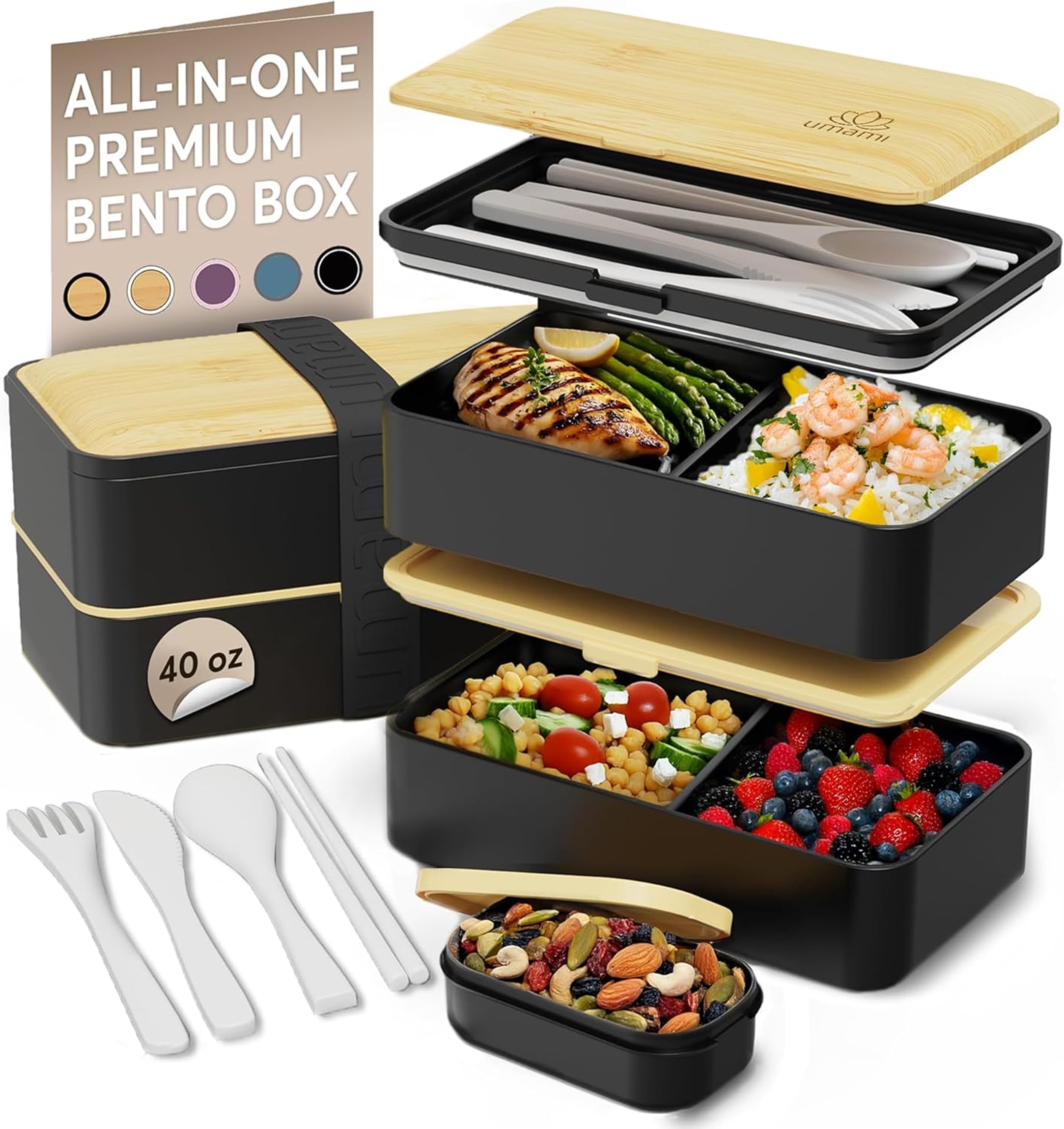 Umami Bento Box Adult All-in-1 w/4 Utensils, Big Sauce Jar, 2 Dividers, 100% Leakproof, Microwave & Dishwasher Safe Stackable Bento Lunch Box Containers for Men/Women, Black & Beige, 1200 ml