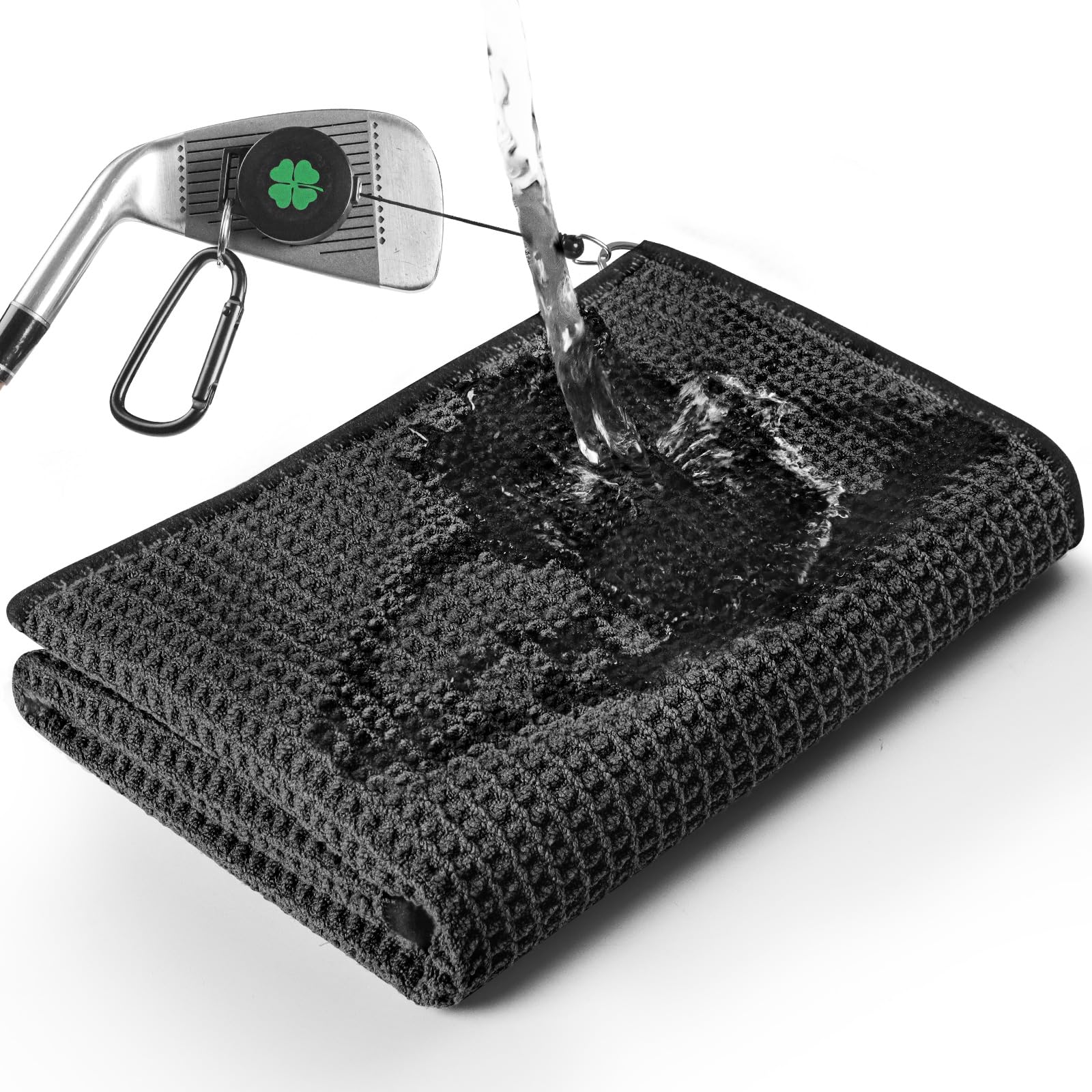 FINGER TEN Golf Towels More Weight & Thicker with Magnetic Clip 15.8"x15.8" 1 Pack, Capacity 3 Times & Absorption Speed 5 Times Golf Towel Soft Waffle Microfiber for Men Women (Black)