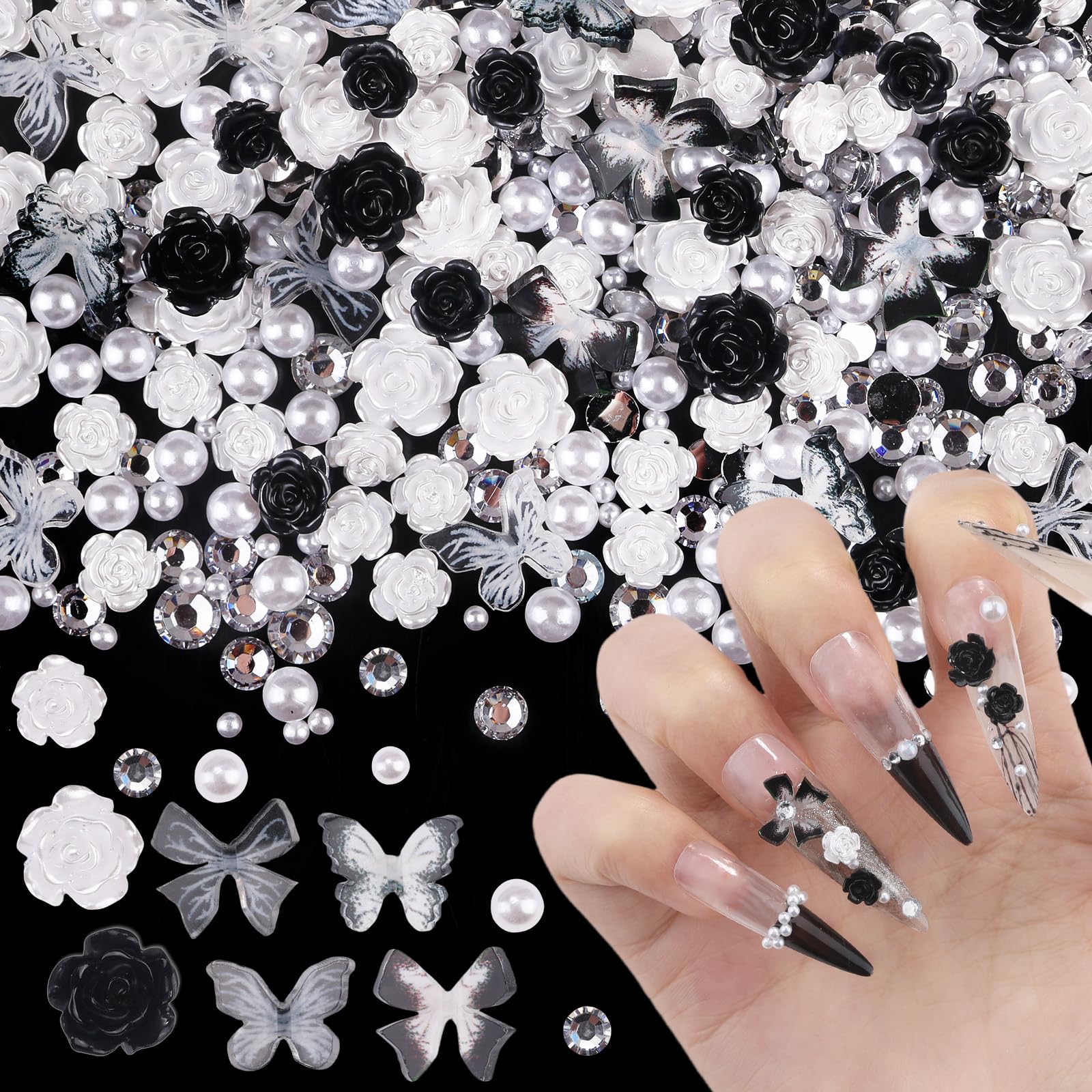 Photo 1 of Sinyanail 400pcs Acrylic Butterfly Bow Bear Flower Heart Crown Nail Charms Mixed Starry AB Nail Rhinestones Crystals Gems for Manicure Accessories Designs DIY Crafting Accessories (Heibaihudie)