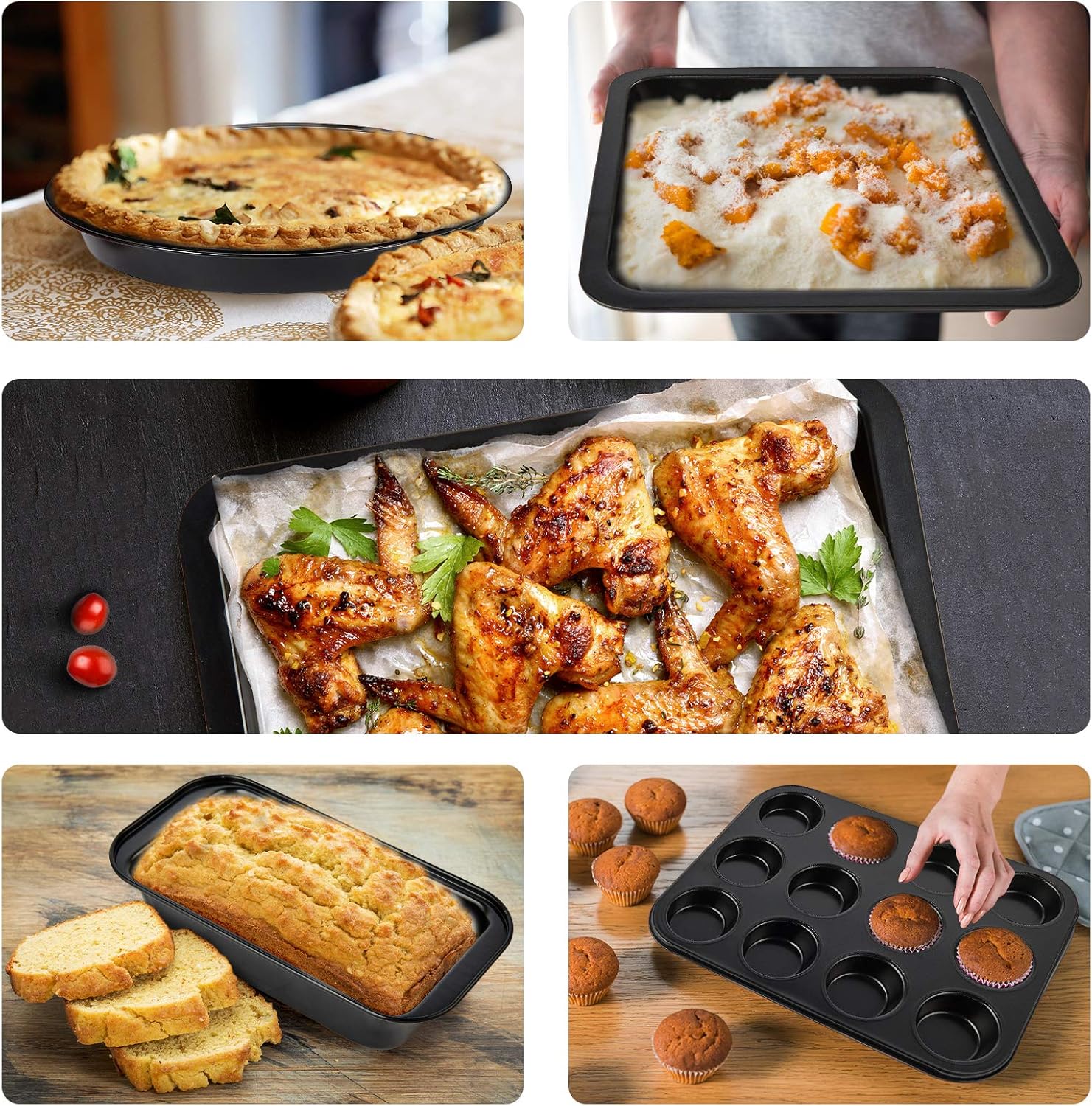5 Pcs Nonstick Bakeware Set, Carbon Steel Baking Set Include Loaf Pan, Cookie Sheet, Loaf Pan, Square Pan, Round Cake Pan, 12 Cups Muffin Pan, 2 Mini Oven Mitts, 1 Round Dish Sponge and 1 Basting Brush: Kitchen & Dining