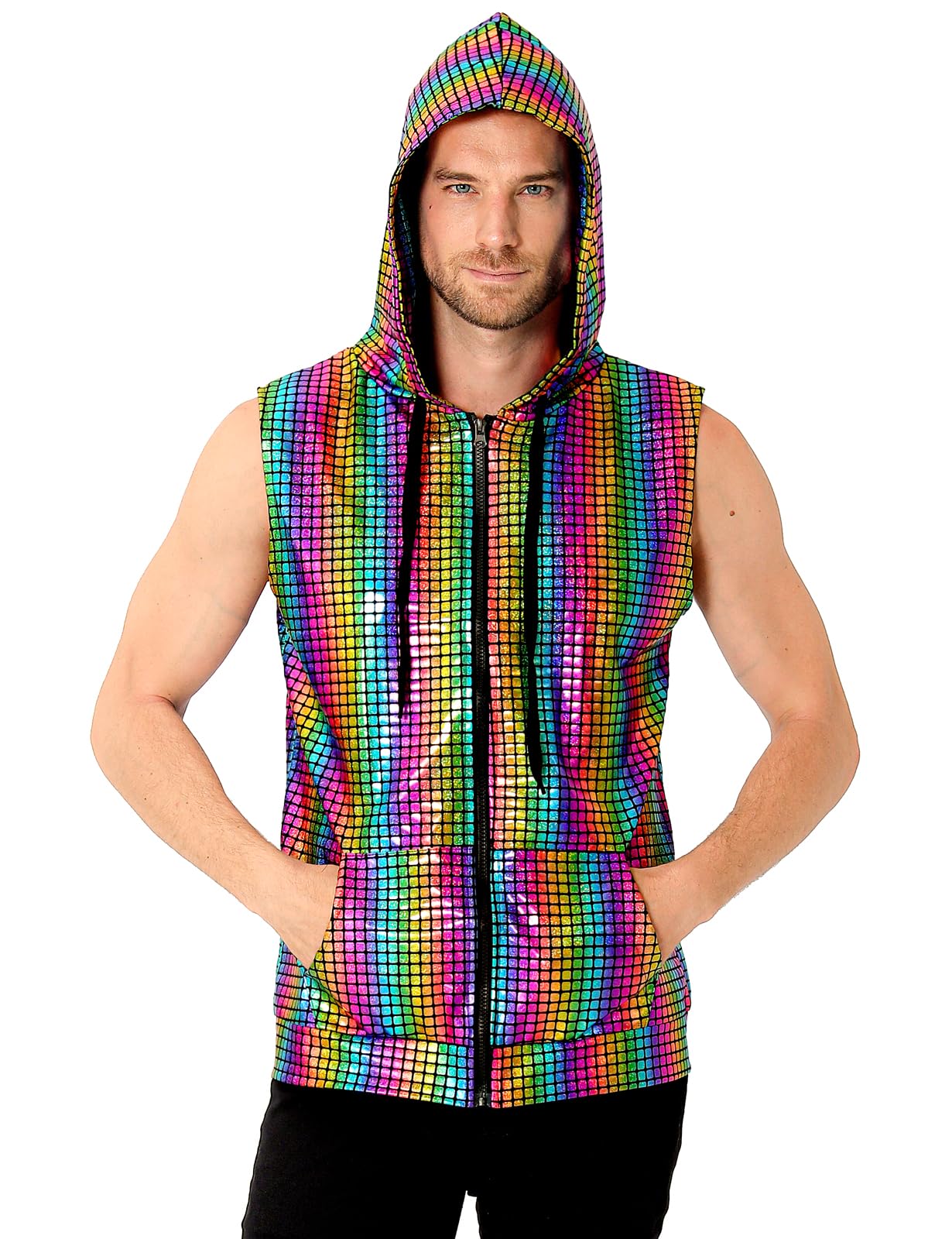 COSAVOROCK Sleeveless Hoodie Zip Up Vest for Men Disco 70s Sequins Metallic Fancy Dress Rainbow Outfit Pride Tshirt, Multicoloured, XL
