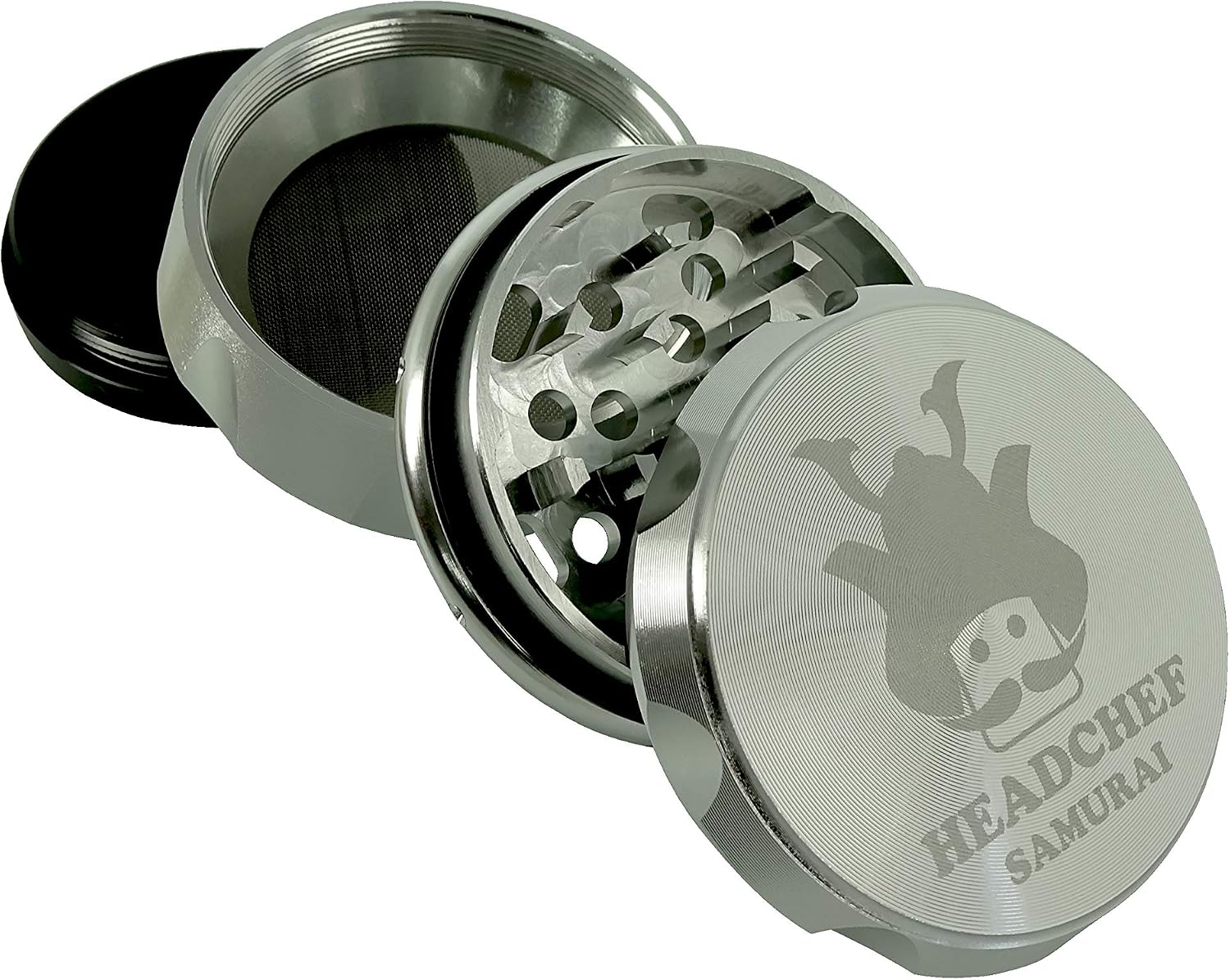 Headchef Samurai Metal Herb Grinder with Sifter Scraper , 55mm, Silver - Image 3