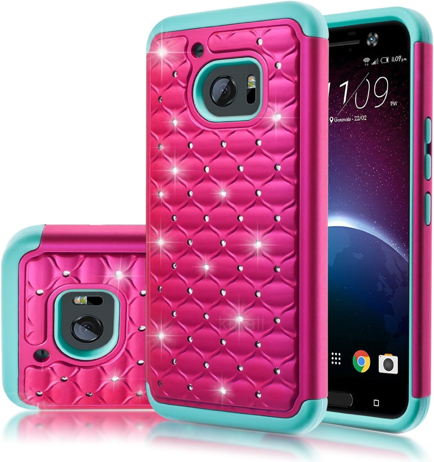 HTC 10 Case,HTC One M10 Case,HTC M10 Case,Kmall Heavy Duty Hybrid Dual Layer Bling Crystal Glitter Diamond Rhinestone Studded Full-Body Shockproof Protective Cover Shell For HTC One M10[Hot Pink/Teal]