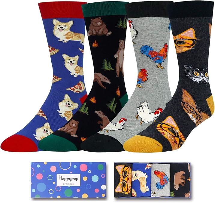 Men's Animal Socks Pack Cat Dog Chicken Bear Socks Animal Lovers Gift