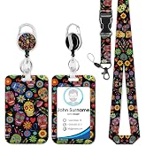 Sugar Skull Badge Holder Reel Lanyard, Halloween ID Card Badge Holder Retractable Name Tag Clips, Funny Nurse Teacher Office Student Gifts