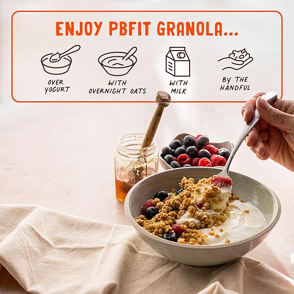 PBFIT PEANUT BUTTER PROTEIN GRANOLA, 15G PLANT-BASED PROTEIN 22% DV, MADE WITH WHOLE GRAIN OATS AND CHIA SEEDS, GLUTEN FREE, FOR PROTEIN SNACKS CEREALS BREAKFAST YOGURT, 32 OZ BAG
