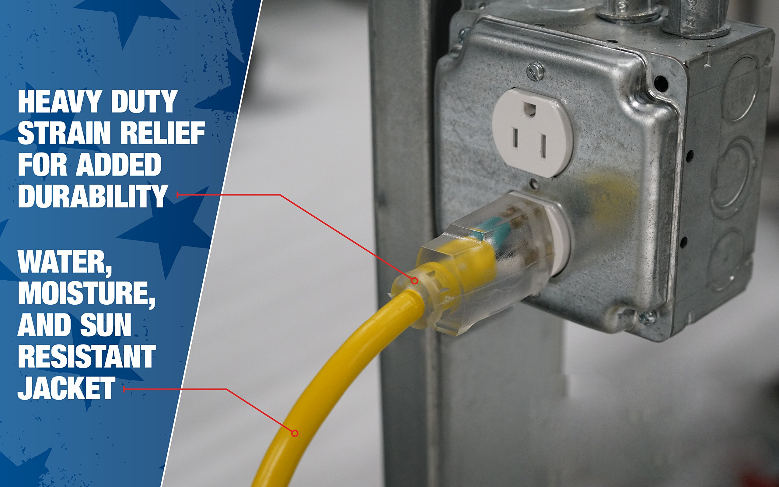 Southwire 02589SW Outdoor Extension Cord- 12/3 American Made SJTW Heavy Duty 3 Prong Extension Cord- Great for Commercial Use, Gardening, and Major Appliances (100 Foot- Yellow)