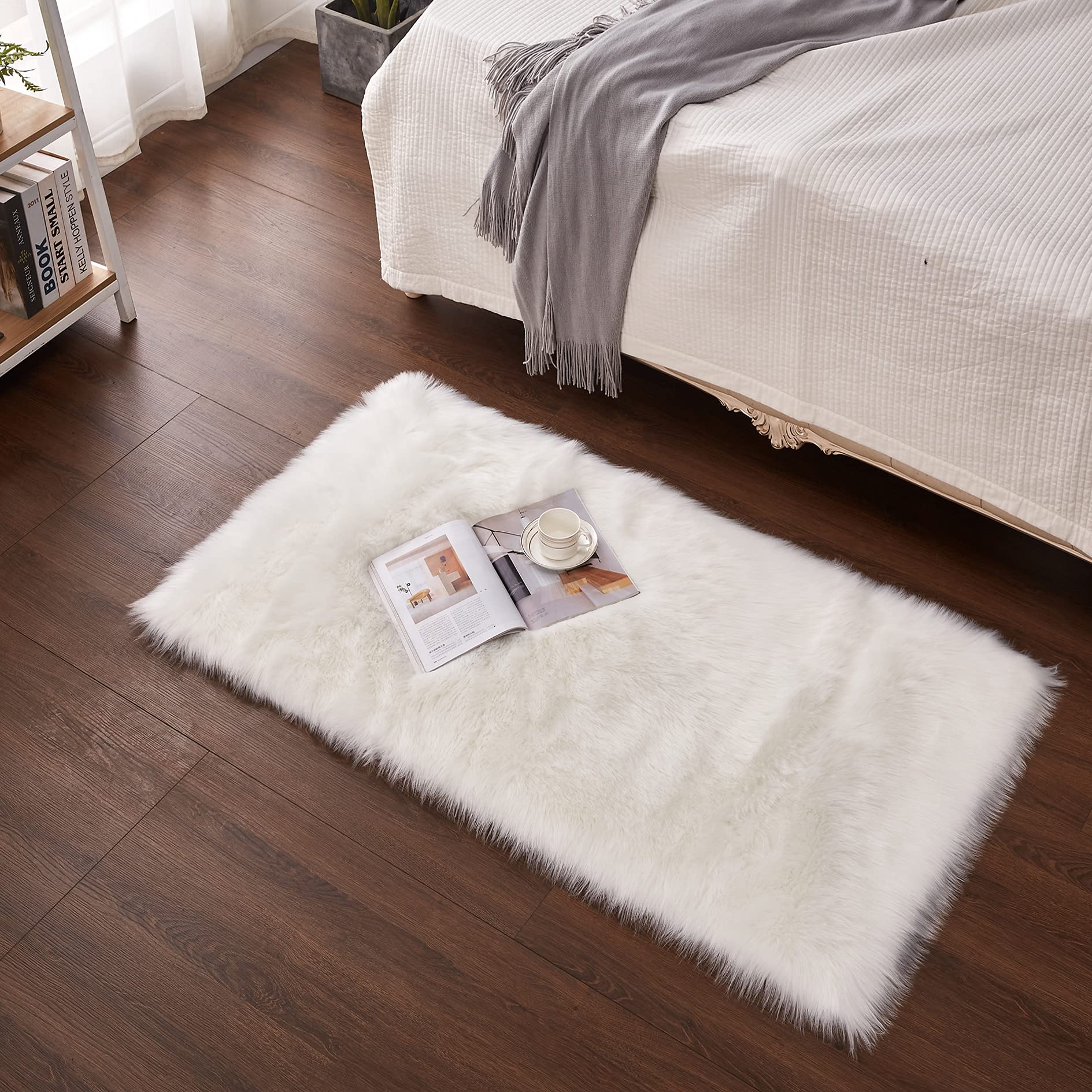 Cumay Super Soft Fluffy Faux Sheepskin Rug, Shaggy Silky Plush Carpet For Bedrooms Rugs Living Room Kids Rooms Decor Bedside Rugs(White, 19.7 x 59 inch)