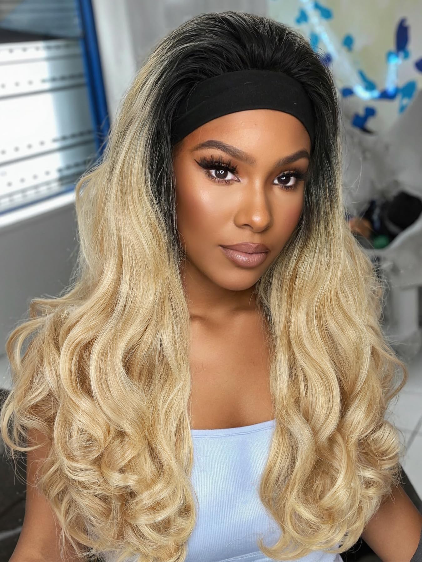 Photo 1 of FANCEE Yaki Wavy Headband Wigs Blonde Kinky Straight Wear and Go Wig with Curly Wavy Ends for Mom on the Go Synthetic Headband Blow Out Style Natural Hair Wig for Black Women