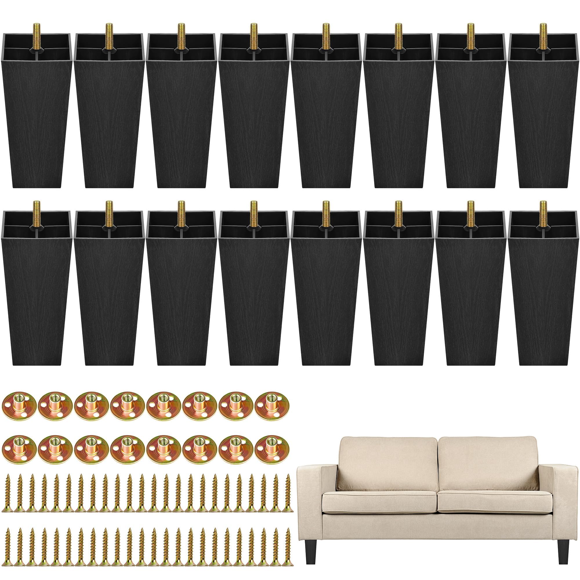 Photo 1 of TURSTIN 16 Pack 8 Inch Furniture Legs Plastic Sofa Couch Legs Square Tapered Feet Sofa Legs with M8 T-Nuts Screws for Legs Sofas Chairs Cabinets Dressers Beds, Black