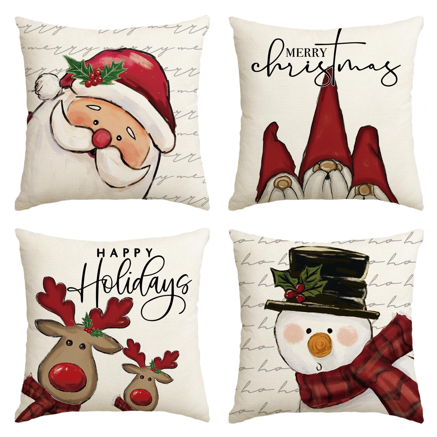 Artoid Mode Santa Claus Snowman Gnome Deers Christmas Cushion Covers Set of 4, 50x50 cm Merry Xmas Decorative Pillow Case Cover Sofa Living Room Decor