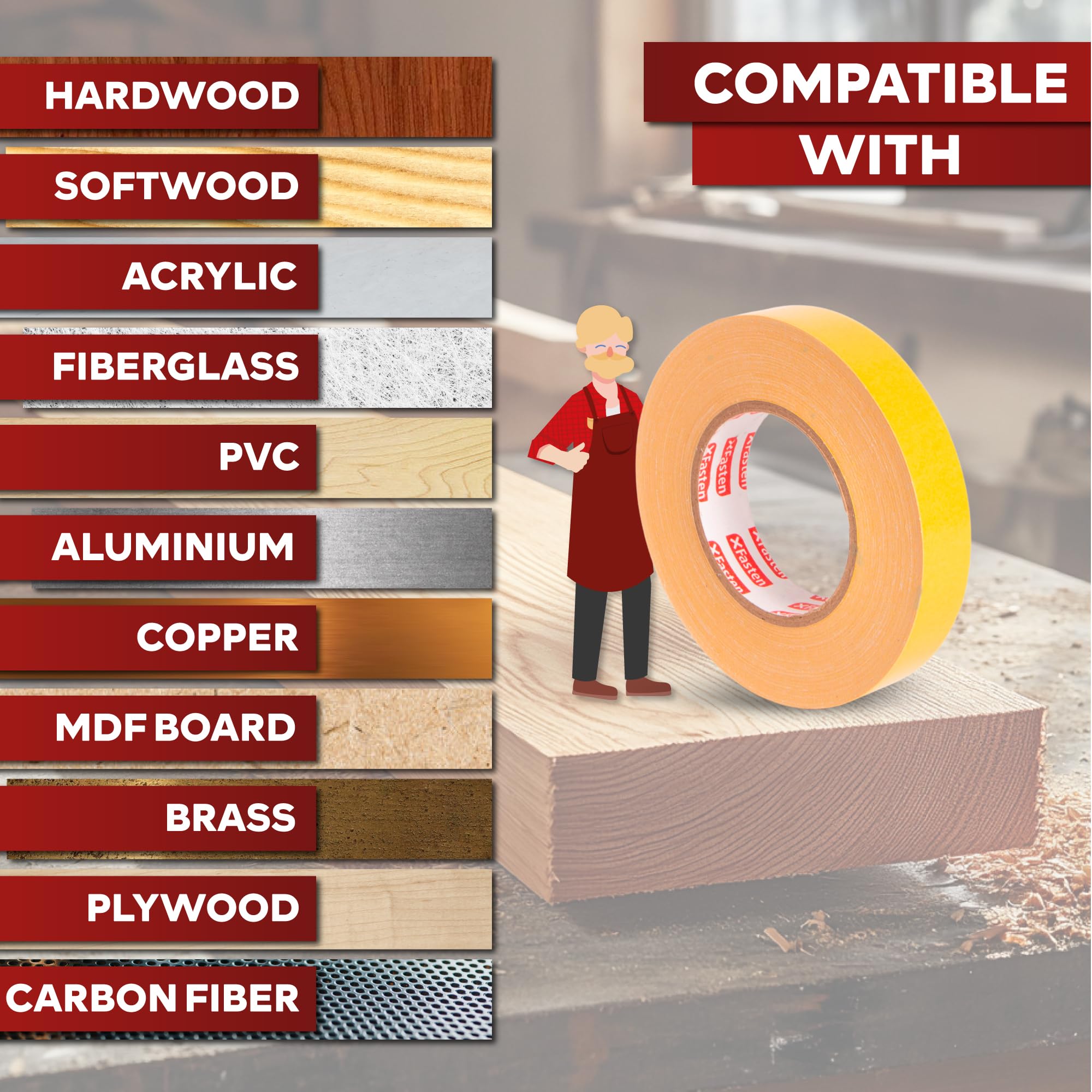 XFasten Double Sided Woodworking Tape 1 Inch x 108 Feet (3-Pack), Residue-Free, Removable Double Sided Woodworking Masking Tape for Wood Template, Mounting Boards MDF Edge Banding, Routing, Anchoring