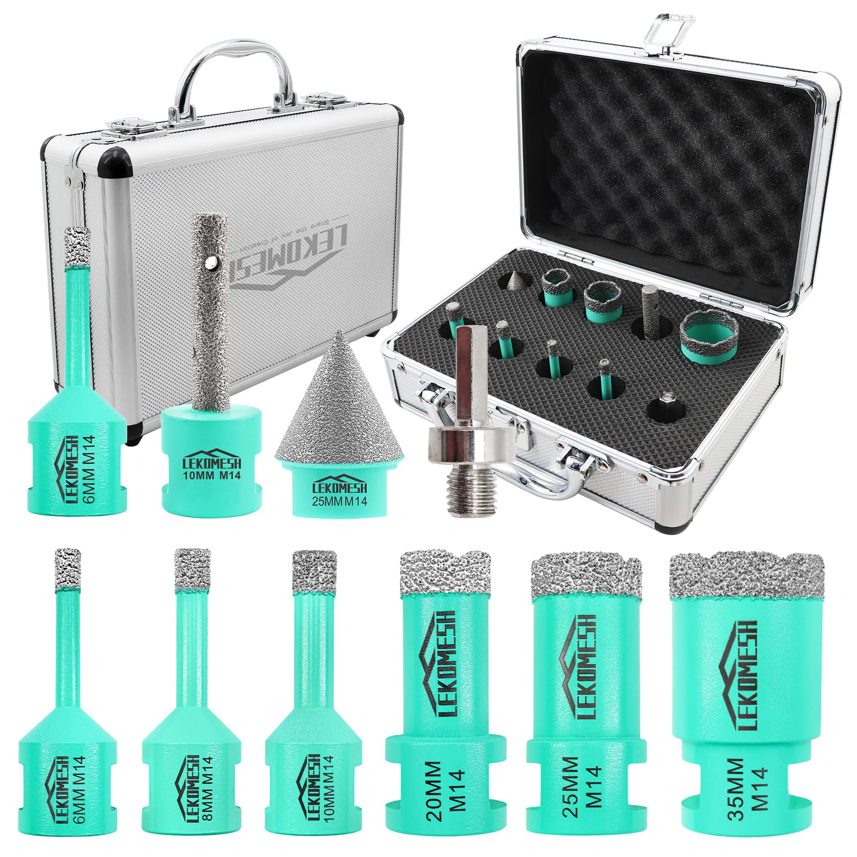 LEKOMESH Tile Drill Bits Kit - 10pcs (6/6/8/10/20/25/35mm+10mm Finger Milling Bit+25mm Beveling Chamfer Bit+Adapter) Hole Saw Kit for Porcelain Tile Ceramic Granite Marble Masonry Stone — image 1