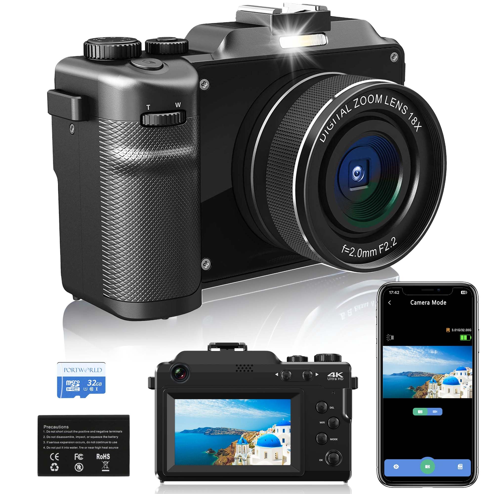 Photo 1 of 4K 48MP Digital Camera for Photography: 18X Zoom Dual-Lens Travel Vlogging Camera with 32GB SD Card for YouTube Tiktok, 3''Autofocus Compact Camera for Teenagers Beginners Students