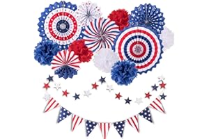 Whaline 4th of July Party Decorations Set, Patriotic USA Flag Pennant Bunting, Red White Blue Paper Fans, Star Garland Hanging Streamers, Tissue Pom Pom Flowers for Independence Day Decor, 14Pcs