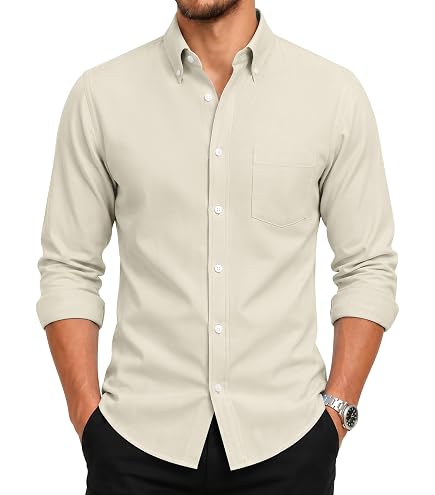 cream dress shirt Men's Classic Button Up Long Sleeve Solid Color Slim Fit (S, Cream) Machine wash in cold on delicate Cream With Gold Men's Designer