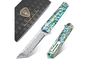 AUBEY Damascus Pocket Knife with Clip, Sharp Tanto Blade with VG10 Core Folding Knife with Abalone Shell Handle and Glass Breaker, EDC Camping Knife for Gift Survival Collection
