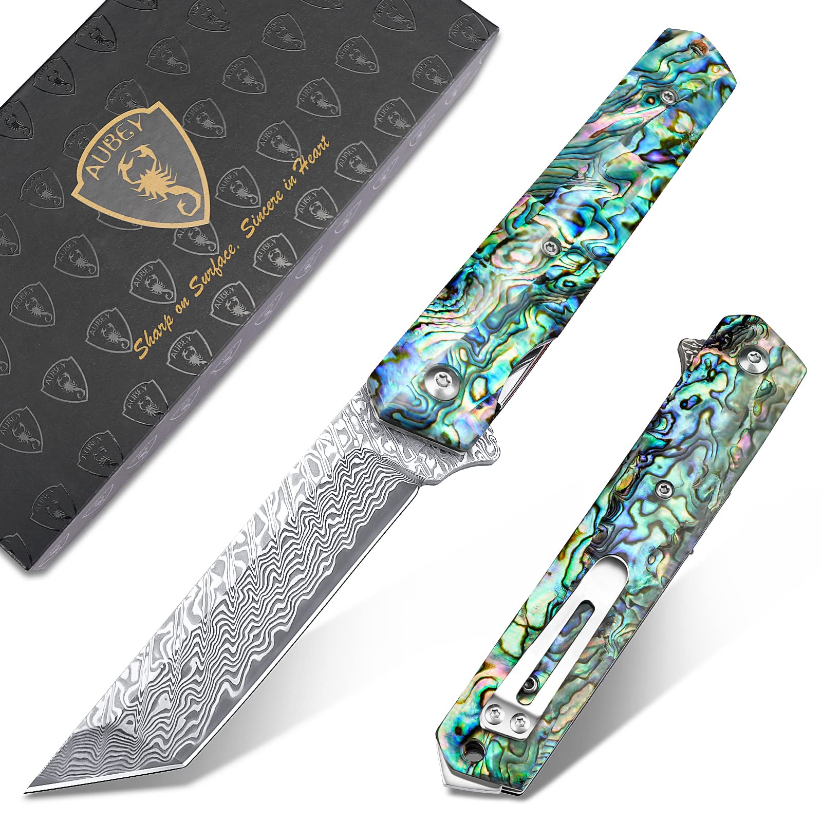 Photo 1 of AUBEY Damascus Pocket Knife with Clip, Sharp Tanto Blade with VG10 Core Folding Knife with Abalone Shell Handle and Glass Breaker, EDC Camping Knife for Gift Survival Collection