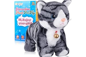 MARSJOY Pattern Gray Robot Cat Plush Cat Stuffed Animal Interactive Cat, Meow Kitten Touch Control, Electronic Cat Pet, Robotic Cat Cat Kitty Toy, Animated Toy Cats for Girls Baby Kids L:12"
