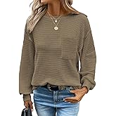 Dokotoo Womens Waffle Knit Tops 2026 Oversized Long Sleeve Crewneck Shirts Business Casual Blouses Basic Shirts