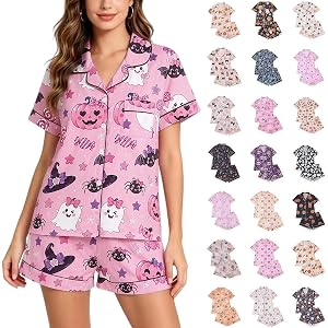 LVOFTJU Halloween Pajamas Women 2026 Cute Satin Ghost Pumpkin Print Short Sleeve Button Top and Shorts Matching Sleepwear