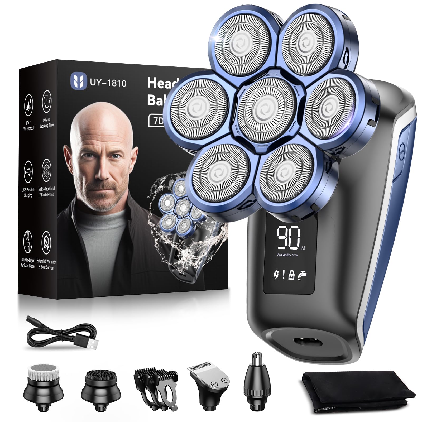 Head Shavers for Bald Men, 7D Wet/Dry Waterproof Rotary Shaver, Rechargeable 6-in-1 Electric Razor Grooming Kit, Mens Bald Shaver with LED Display, Cordless