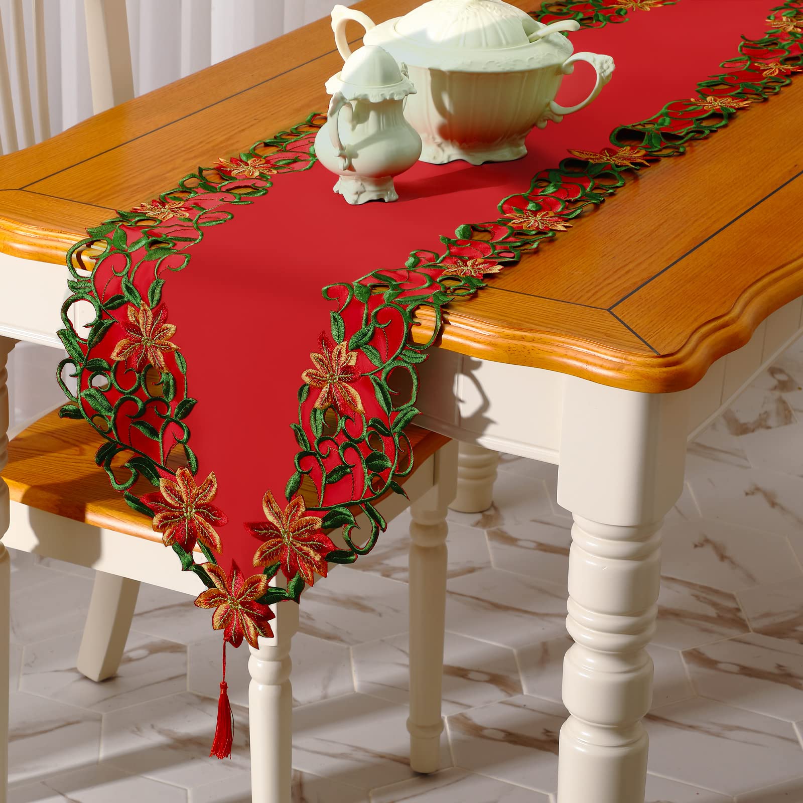 Tatuo Christmas Embroidered Table Runner Xmas Flower Red Cover Christmas Leaf Table Linens for Holiday Home Dining Decoration(15 x 70 Inch)