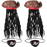Roshtia 4 Pcs Pirate Hat with Dreadlocks Adult Pirate Costume Eye Patch Men Buccaneer Tricorn Pirate Hat for Pirate Party Costume Accessories Halloween Cosplay