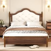 HoldoLife Vintage Platform Bed, Queen Bed Frame with Upholstered Headboard | Wooden Bed with Traditional Poster, French Brown Bed Sturdy Slat Support&amp;Squeak-free Foundation, No Box Spring Needed