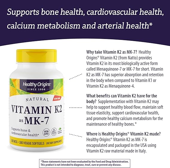 Healthy Origins Vitamine K2 Mk7 Naturelle 100 Mcg 180 Capsules Vegetales Sans Gluten Amazon Fr Hygiasne Et Soins Du Corps
