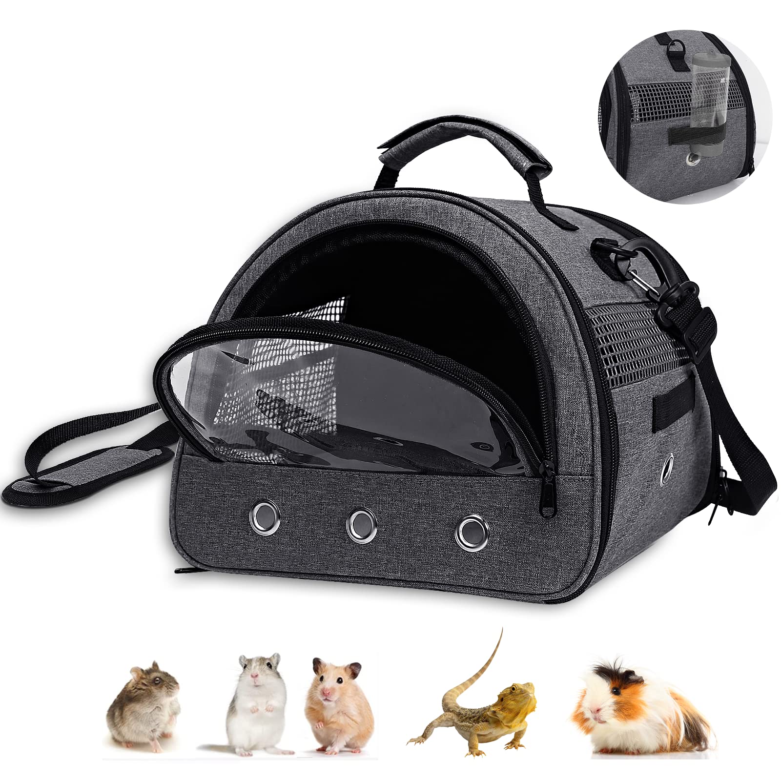 Photo 1 of Zhilishu Guinea Pig Carrier, Small Pet Hamster Carrier Bag, Rabbit Bunny Travel Carrier Outdoor Handbag, Breathable Carrier for Small Animals with Water Bottle Holder & Removable Liner (Grey)