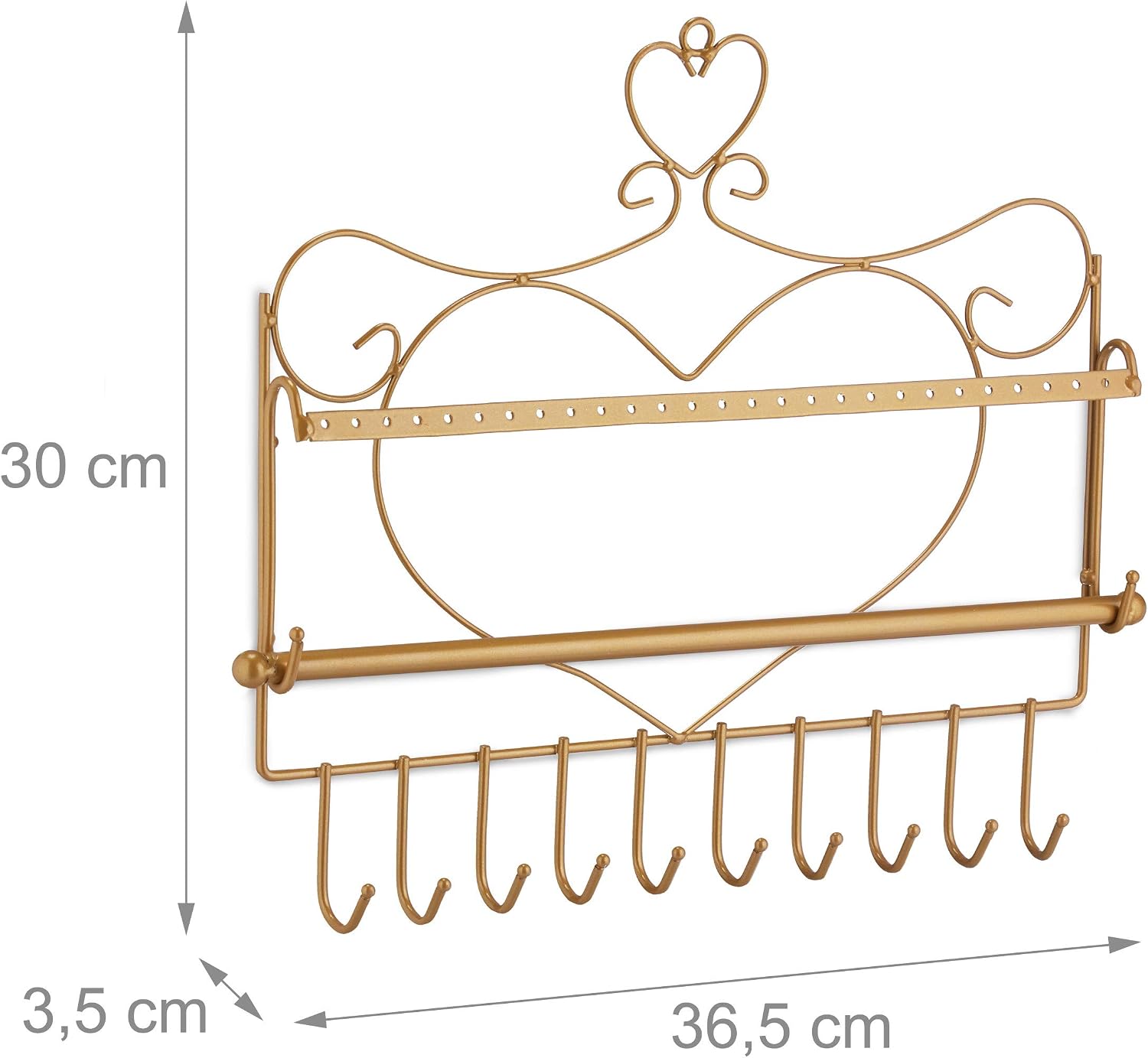 Relaxdays Jewellery Wall Rack, Necklaces, Earrings & Bracelets, Heart Shape, H x W x D 30 x 36.5 x 3.5 cm, Iron, Gold - Image 5