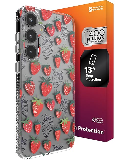 ZAGG Milan Samsung Galaxy S25+ Case – Slim Lightweight Design, Drop Protection up to 13ft, Wireless Charging Compatible, Stylish & Eco-Friendly, Strawberry Pattern