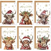 Whaline 36 Packs Merry Christmas Gold Foil Greeting Cards Watercolor Highland Cow Snowflake Blank Note Cards with Envelopes and Stickers for Xmas Winter Holiday, 4 x 6 Inch