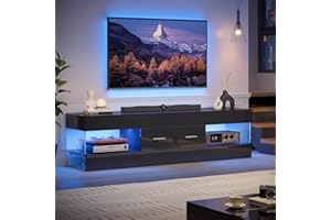 Bestier Black TV Stand for 55/60/65 Inch TV, High Gloss Modern TV Stand with Stone-Patterned Side Panels, LED Entertainment Center with Large Drawer, TV Consoles for Living Room, Bedroom