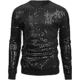 WDIRARA Men's Glitter Sequin Round Neck Sweatshirt Long Sleeve Solid Pullover Top