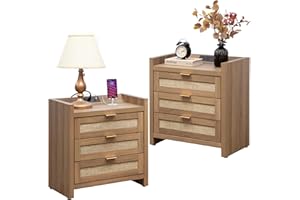 SICOTAS Rattan Night Stand Set of 2 - Tall Nightstands with Type-C Charging Station, 3 Rattan Storage Drawers, Larger Nightstand Boho Bedside Table End Table for Bedroom Sofa Couch Office - Oak