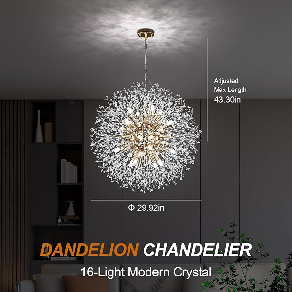 WELLMET FIREWORK CRYATSL CHANDELIER 30 INCH, GOLD FIORE CHANDELIERS MID CENTURY MODERN CONTEMPORARY BRASS CHANDELIER LIGHT FIXTURE FOR DINING ROOM LIVING ROOM BEDROOM HALLWAY ENTRYWAY FOYER