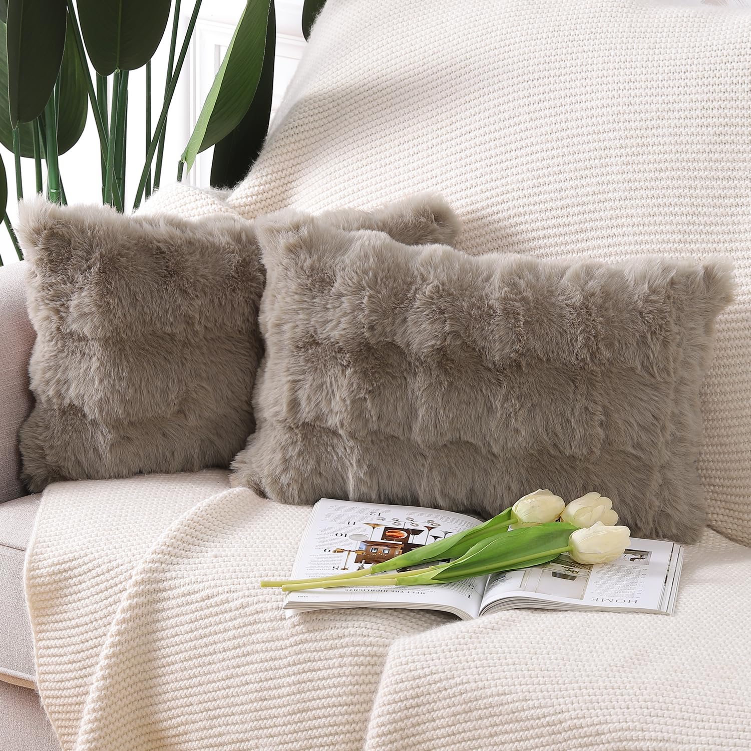 Madizz Pack of 2 Thick Plush Faux Wool Cushion Covers 30x50 cm Taupe Soft Neutral Decorative Throw Pillow Covers Accent Boho Pillowcases for Couch Sofa Bedroom Pillow Shell
