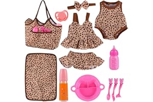 BABESIDE 13Pcs Baby Doll Clothes and Accessories for 10-12 inch Dolls, Baby Doll Feeding and Care Set with Carry Bag, Bottles, Tableware, Baby Doll Outfit for Newborn Doll Girl (Leopard Pattern)