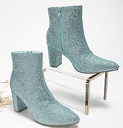Women Rhinestone Block Chunky Heel Ankle Bootie