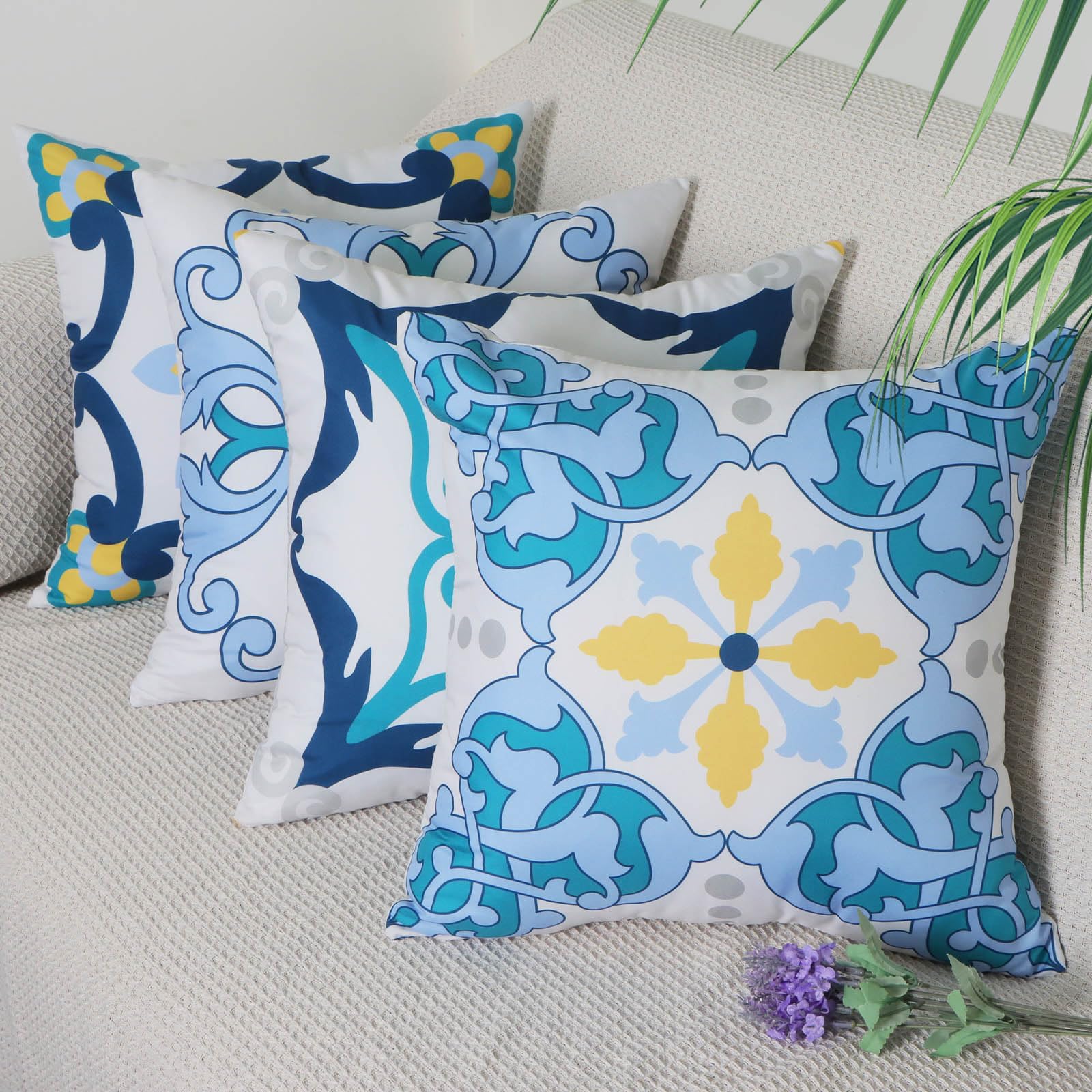 Betadistor Blue Cushion Covers 18x18 Inch Set of 4, Boho Floral Decorative Cushion Cases Colorful Vintage Flowers Decor for Couch Bed Car Patio Furniture Bench Sofa Pillowcase, Flowers, 507-0132