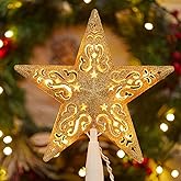 Brightown-Christmas-Tree-Topper, Christmas Star Tree Topper Lighted 3D Hollowed Gold Pentagram Built-in 10 Bulbs Golden Glitter Sparkling Plug in Vintage Indoor Holiday Xmas Decorations Ornaments