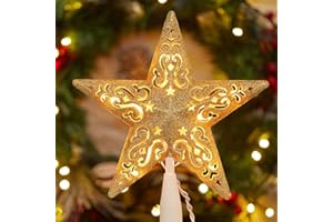 Brightown-Christmas-Tree-Topper, Christmas Star Tree Topper Lighted 3D Hollowed Gold Pentagram Built-in 10 Bulbs Golden Glitter Sparkling Plug in Vintage Indoor Holiday Xmas Decorations Ornaments