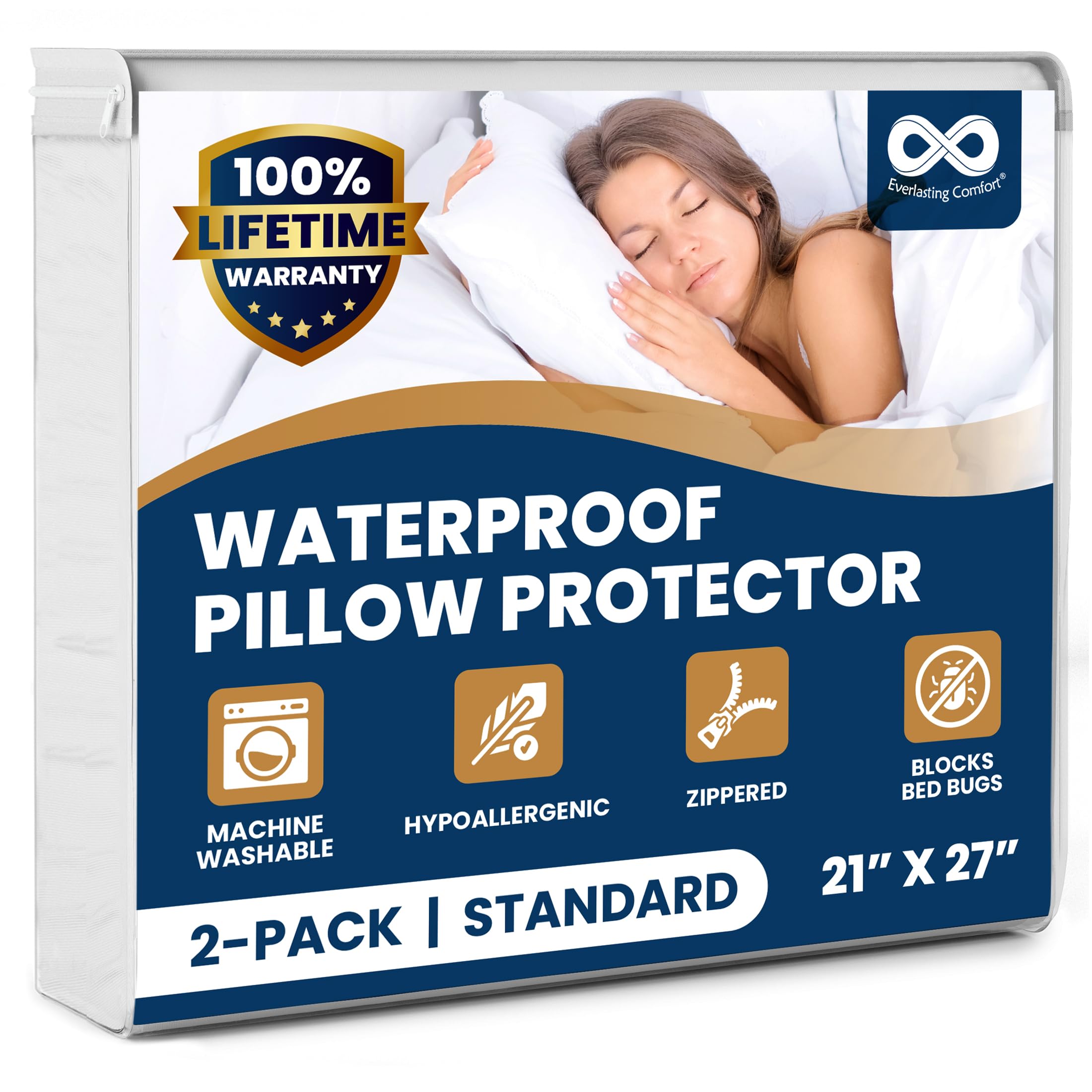 Photo 1 of 100% Stain Resistant & Waterproof Standard Size Pillow Protectors with Zipper Set of 2 - Bed Bug & Dust Mite Proof White Pillowcases - Breathable, Comfortable Covers for Pillows, 21 x 27 Inches