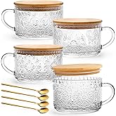 YORY 4-Pack Vintage Glass Mugs with Bamboo lids and Spoons Coffee Tea Cups Gifts for Women Overnight Oats Containers 14oz,